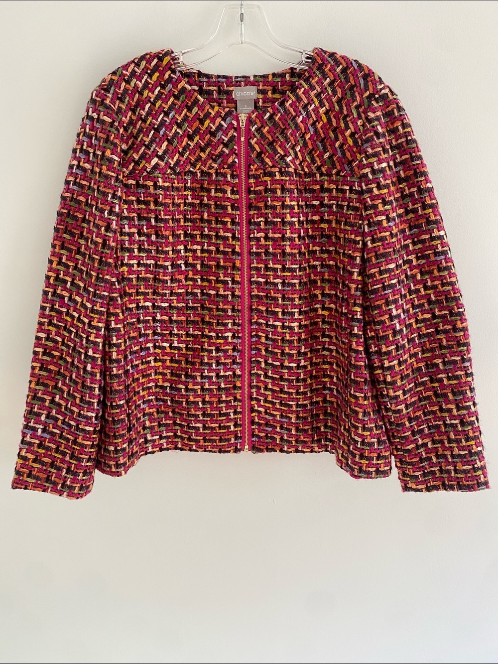 Chicos Woven Career Tweed Colorful Zip Up Blazer Jacket Size 16/18
